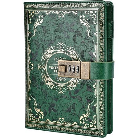 Vintage Läderjournal Anteckningsbok Med Kombinationslås, B6 Präglad Blomma Hemlig Dagbok Grön
