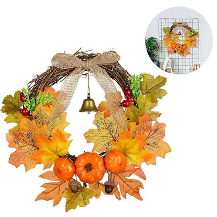 30 cm kunstig efterårskrans, til hoveddør, dørkrans med græskar, bær og klokke til Halloween, Thanksgiving Day-arrangementdekoration