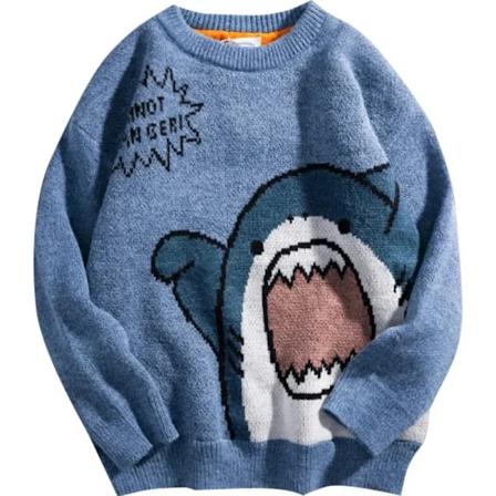 Hai Shark -paita miehille, talvi, sarjakuva, Harajuku, korealainen Y2k, ylisuuri, korkeakauluksinen, hip hop, löysä, neulottu, pusero, poolopaita, 