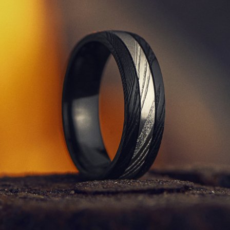 Fortis | 7 mm Double Grooved Silver-Tone and Black Damascus Steel and Titanium Ring for Men - Steel rings