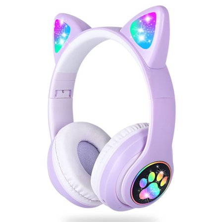 Flash Light Cute Cat Ears Langattomat Kuulokkeet Mikrofonilla Voi Ohjata LED Violetti