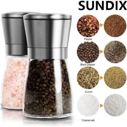 SUNDIX Pepper- og saltkvern - Sett med 2 manuelle pepper- og saltkverner i rustfritt stål og stort glass