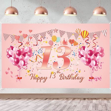 Glad 13:e födelsedagsfestdekorationer för flicka Rosa 13:e födelsedagsbannersbakgrund Tretton födelsedagsaffisch Fotorekvisita Bakgrund 