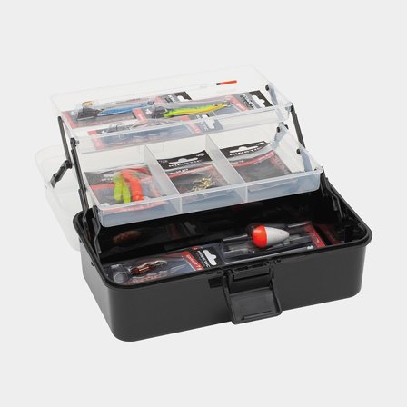 Kinetic fiskelåda sortiment - Färskvatten i plast med flöten, jiggar, skeddrag och krokar, svart och transparent
