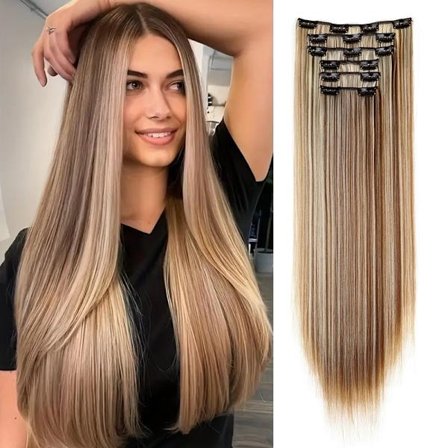 24 tum syntetiska 16 clips i hårförlängningar Lång rak frisyr Blond svart hårförlängning Värmebeständigt löshår
