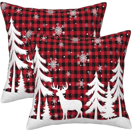 Vinter Juletræ Hjorte Pyntepudebetræk 18x18 Sæt med 2 Røde og Buffalo Plaid Dekorative Pudebetræk - Hjortetræ