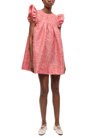 GANNI Crinkled Taffeta Check Frill Mini Dress Klänningar Dam Röd 36