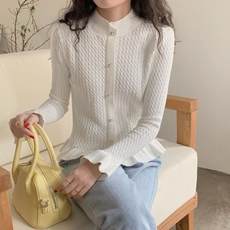 Kvinder strik efterår vinter sweater klokkeærmet flæsede langærmet enkeltradet ren farve White 49*92*34cm