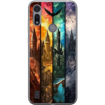Kompatibel Mobilcover til Motorola Motorola Moto E6i Fire magiske slotte i forskellige elementfarver, episk fantasykunst med ild vand luft og mørke i
