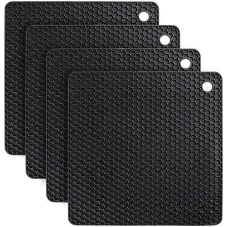 Set med 4 Silikon Halksäkra Underlägg, Skedstöd, Matlagning och Servering (Kvadrat - Svart)