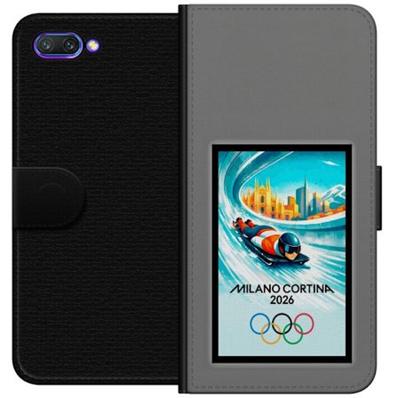 Yhteensopiva Lompakkokotelo Honor 10 Dynaaminen kelkkailija tai skeleton-ajaja jääkanavalla Milanon Cortina 2026 kanssa, kaupunkinäkymä ja olympialais
