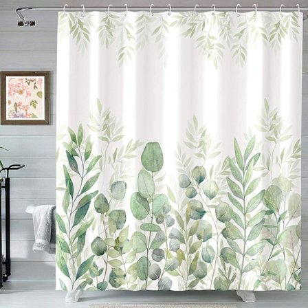 Grön och vit duschdraperi, tyg duschdraperier för badrum, växtblad duschdraperi set med 12 krokar 72''×72'' (Grön)