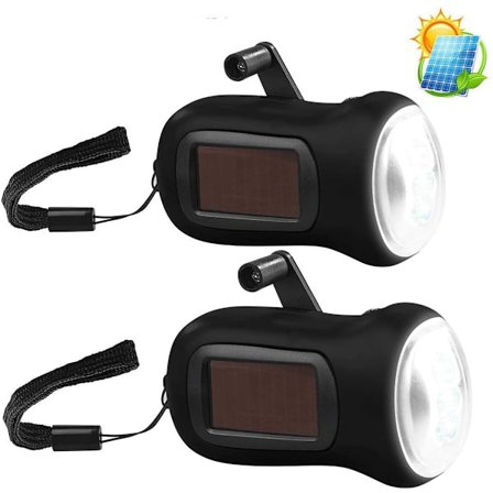 2x Håndsveiv-lommelykter - LED Clip-on lommelykter med snor, med selvgenererende håndsveiv og dobbel manuell og solenergiforsyning.