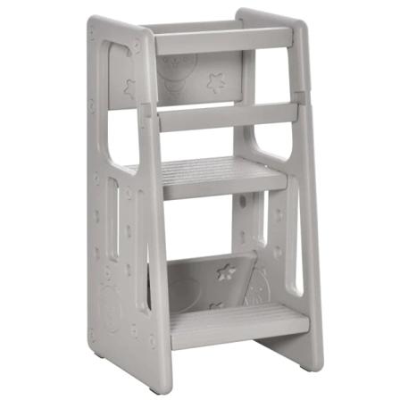 Rootz Kids Step Pall - Inlärningstorn - 3-nivå justerbar höjd - Matsal - Halkfria fötter - Robust plast - Grå - 47 x 47 x 90 cm
