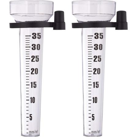 2-pack regnmåler i klar plast med hagemåler på klem og stor skjerm, 35 mm/m - tilfeldig farge