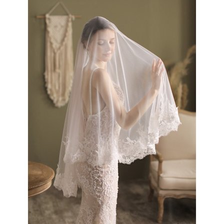 Elegant brudeslør med blondekant, dobbelt lag, med kam, romantisk bryllupsslør til brude