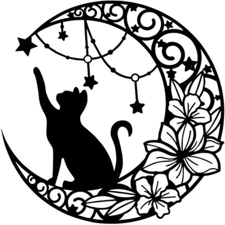 Svart katt metall väggkonst - Måne katt silhuett väggskulpturer hängande dekoration | Svart smidesjärn måne och katt väggdekorationer för kontor, 