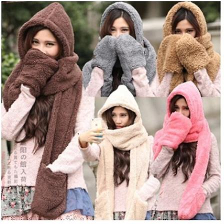 3-in-1 Naisten Talvi Lämmin Fleece Huppu Huivi Snood Tasku Hatut Hanskat (harmaa)