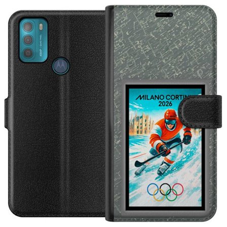 Yhteensopiva Lompakkokotelo Motorola Moto G50 Curlingkuvitus pelaajilla ja kivillä jäällä, Milano Cortina 2026, lumisia roiskeita ja olympiasormukset