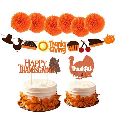 9 stk. Thanksgiving Banner Sæt Papirblomster Tyrkiet Bunting Flag Tyrkiet Kage Topper Party Favor (papirblomst x6, Tyrkiet Banner x1, glædelig 