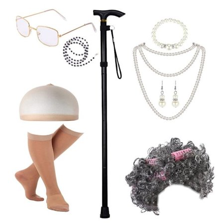 Gammel Dame Kostumesæt til Børn Piger 100 Dage i Skole Bedstemor Kostume Outfit Halloween Udklædning Paryk og Bedstemor Briller