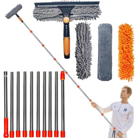 2-i-1 Vindusvasker med nal og støvkost, over 6 m rekkevidde - Roterende verktøy med 0,9-4,2 m teleskopstang