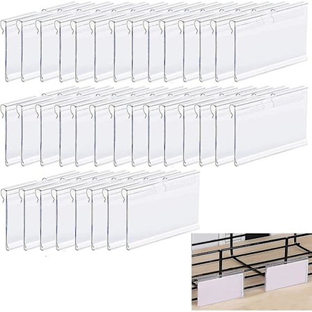 Pakke med 36 transparente, premium PVC-etikettholdere, plastikprisskilt holder, etiket hyldeskilt displayholder, reol etiket holder, til trådhylder, 