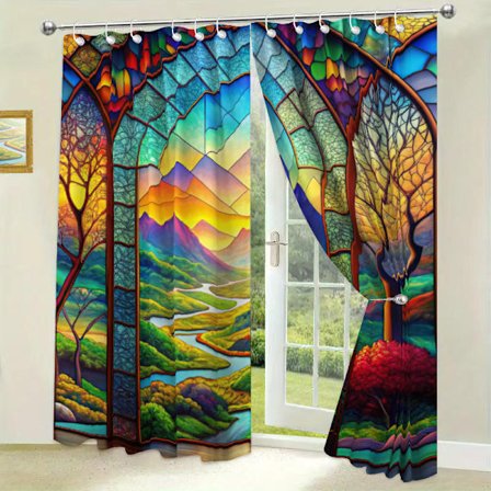 Vandtæt gardin med glasmosaik-vindue, digitalt trykt gardin i farven bjergudsigt 180x180CM