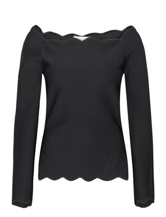 Anastasia Jacquard Knitted Scallop Top Bluse Langermet Svart By Malina*Betinget Tilbud