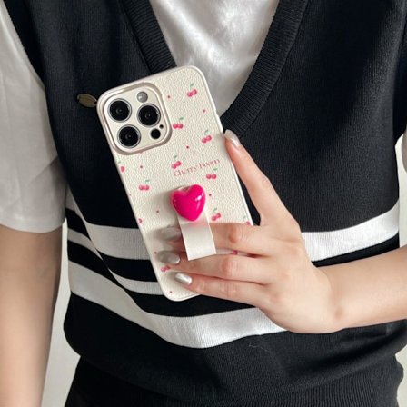 Fodral för iPhone 13pro Körsbär + rosenrosa hjärta klassisk körsbärsring lädertexturerat spänne Full-Body