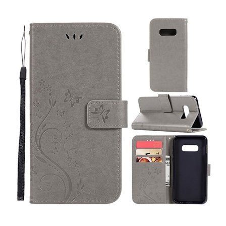 Samsung Galaxy S10e sommerfugle- og blomstertryk læder flip etui - Grå