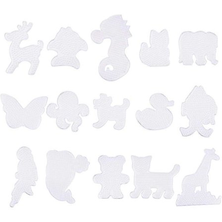 15 stycken djur-pärlplattor i genomskinlig plast med mallar för pysselpärlor (fisk, anka, hund, val, fjäril, katt)