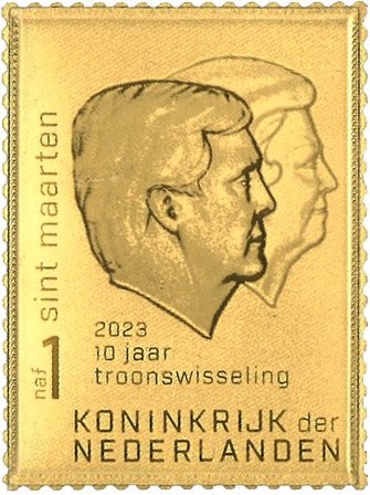 Sint Maarten - Guldfrimærke 10-året for tronskiftet - Postfrisk frimærke i 24 karat guld indkapslet og i skrin