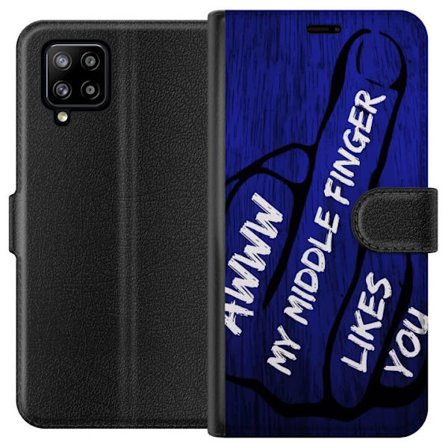 Kompatibelt Lommeboketui til Samsung Galaxy A42 5G Mørk typografisk illustrasjon med hjerteform og budskap om vennskap mot dyp blå tretekstur