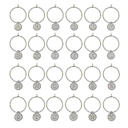 52 Stykker Vinglass Charm med Ringer Tagger Metallbokstaver Glass Charm Markører Bokstaver Perler Markører for Vin Cocktail Champagne Fest