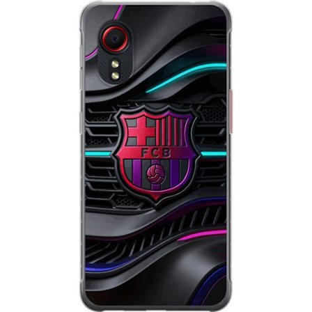 Kompatibelt Mobilskal till Samsung Galaxy Xcover 5 Futuristiskt FC Barcelona-emblem i neonfärger på mörk teknisk bakgrund med metalliska former och