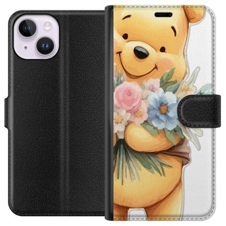 Yhteensopiva Lompakkokotelo Apple iPhone 14 Nalle Puh kukkien kanssa - klassinen lasten suosikki kukkivassa keväisympäristössä
