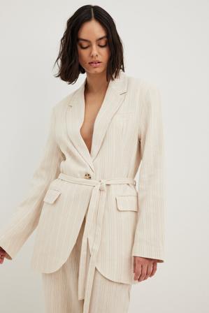 NA-KD Boho Blazer droit ceinturé à rayures - Ensembles d'été - Beige,Stripe - EU 36