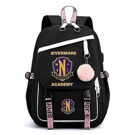 Wednesday Addams Trykket Flip Ryggsekk Barn Jenter Studenter Stor Kapasitet Skolesekk Reisesekk Med USB-Ladeport