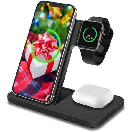 Trådlös laddningsstation kompatibel med iPhone, Apple Watch och AirPods - 3-i-1 15W trådlöst laddningsställ kompatibelt med Qi Magsafe laddningsdocka