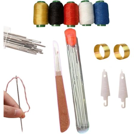 36 stk Komplett sysett med stålnåler med stort øye, fingerbøl, tråder og suturfjerner - rustfritt stål, bærbar, nybegynnervennlig