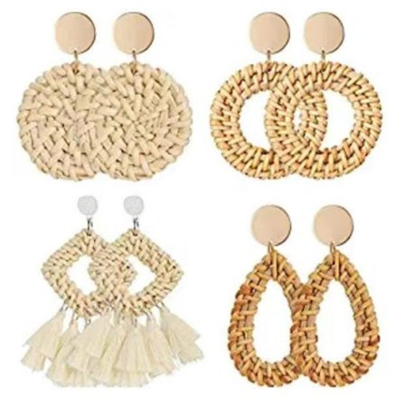 4 Par Rattanörhängen, Halmörhängen, Fransar, Vävda Bohemiska Örhängen