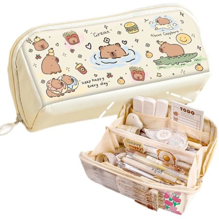Pencil Pouch Multi-Layer Stor Kapacitet Capybara Print Særpræget Sjov Sød (Beige-2)