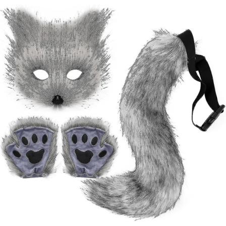 Rion Faux Pels Ræv Hale Kat Ulv Cosplay Kostume Sæt Plys Maske Fluffy Pote Handsker Halloween Jul Dark Gray