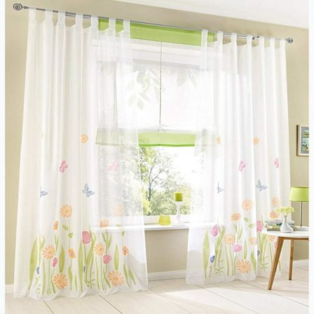 Sett med 2 transparente gardiner med ringer - Blomstrete transparente gardiner - Soverom, stue, barnerom, grønn, 150x225cm