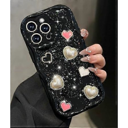 Fodral Flickor Kvinnor - Sött Flickigt Kärlekshjärta Telefonskal för iPhone 14Pro Max Svart Glittrigt Skinande Våg Vacker Unik Design Funda för iPhone