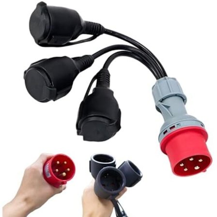 Suurvirtainen CEE-sovitin 400V 16A - 3x 230V saranoidulla suojakannella, turvapistoke asuntovaunuille, teollisuudelle ja hyötykäyttöön