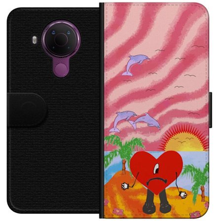 Kompatibelt Lommeboketui til Nokia 5.4 Bad Bunny i en fargerik quiltet jakke med hjertemønster og solbriller i moderne gatestil