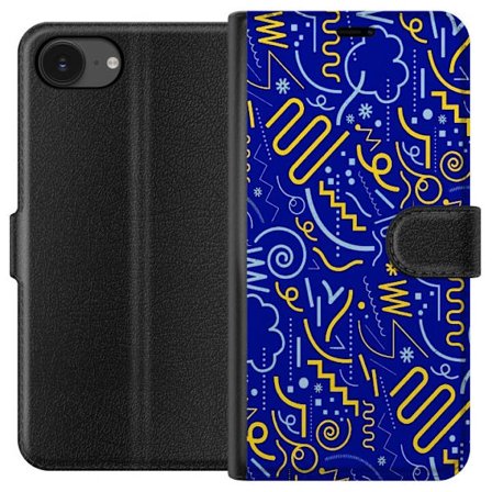 Kompatibel Tegnebogsetui til Apple iPhone 16e Abstrakt grafisk mønster med linjer, former og symboler i gul og lyseblå