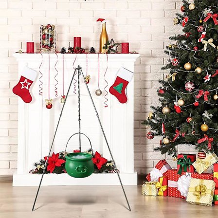 Udendørs julepynt - Julekedel dekoration på stativ med lys - Plastik kedel julepynt til veranda terrasse